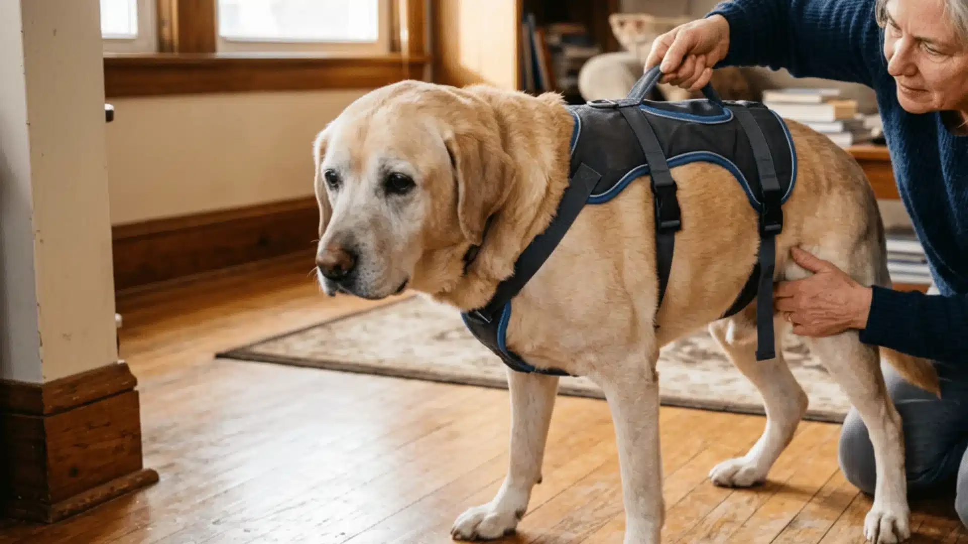 Senior Labrador with weak back legs using a support harness while assisted by owner at home