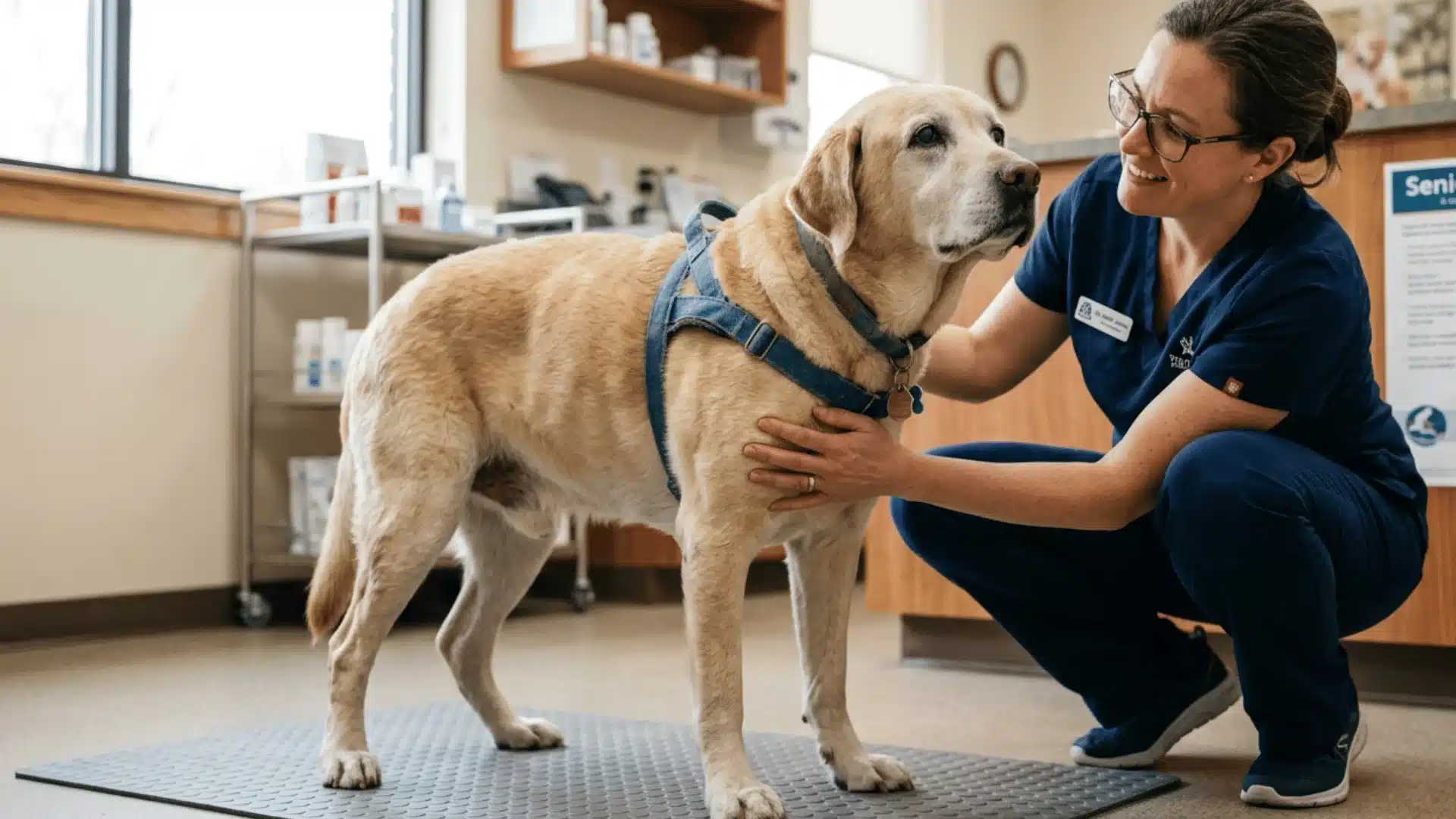 Senior Labrador with weak back legs wearing support harness during veterinary mobility assessment at clinic