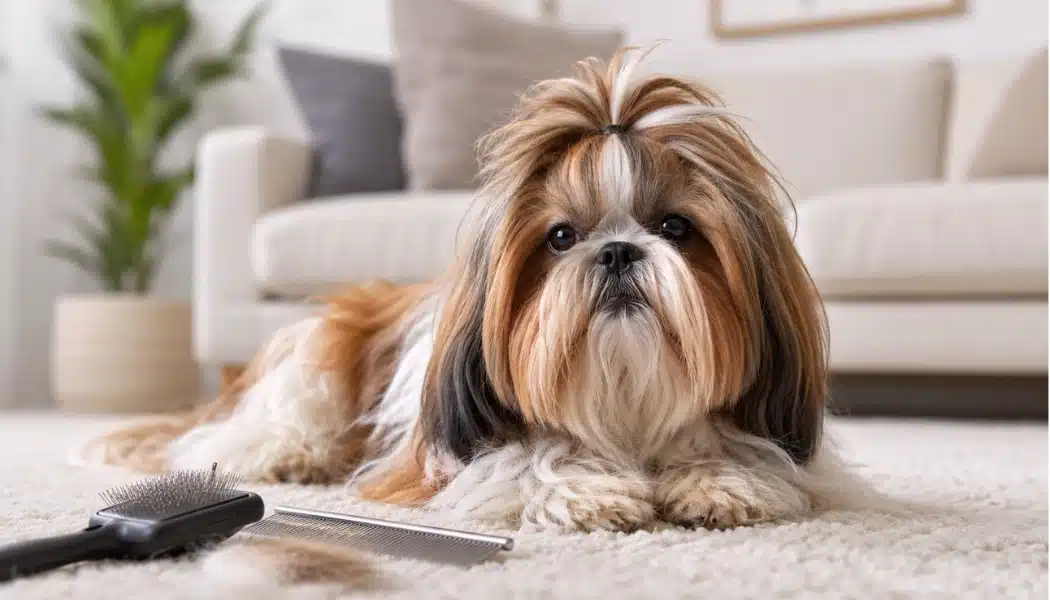 Shih Tzu with long coat lying on carpet next to grooming brushes during shedding season