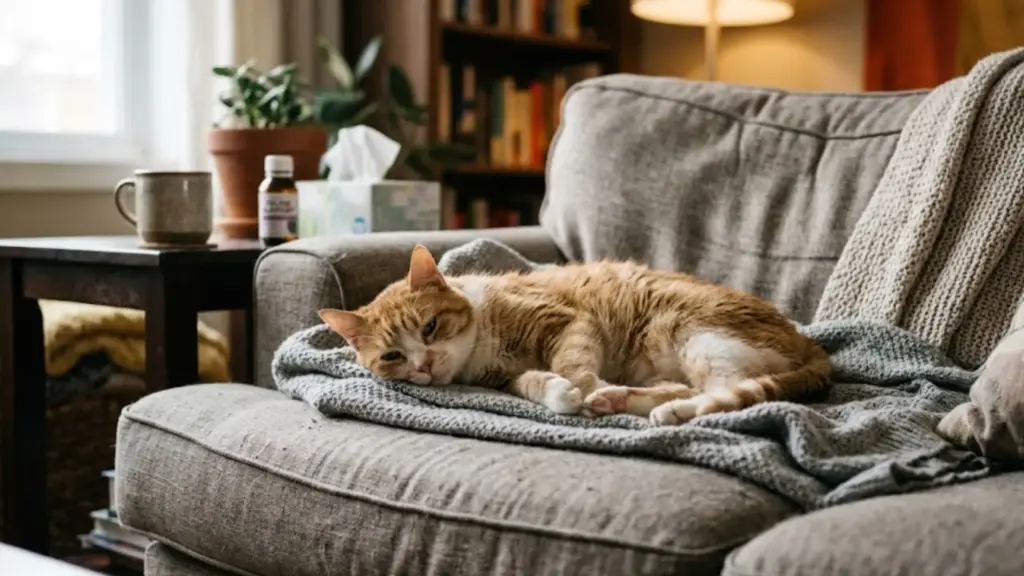 Sick cat resting on couch showing low energy possible early rabies symptoms in cats