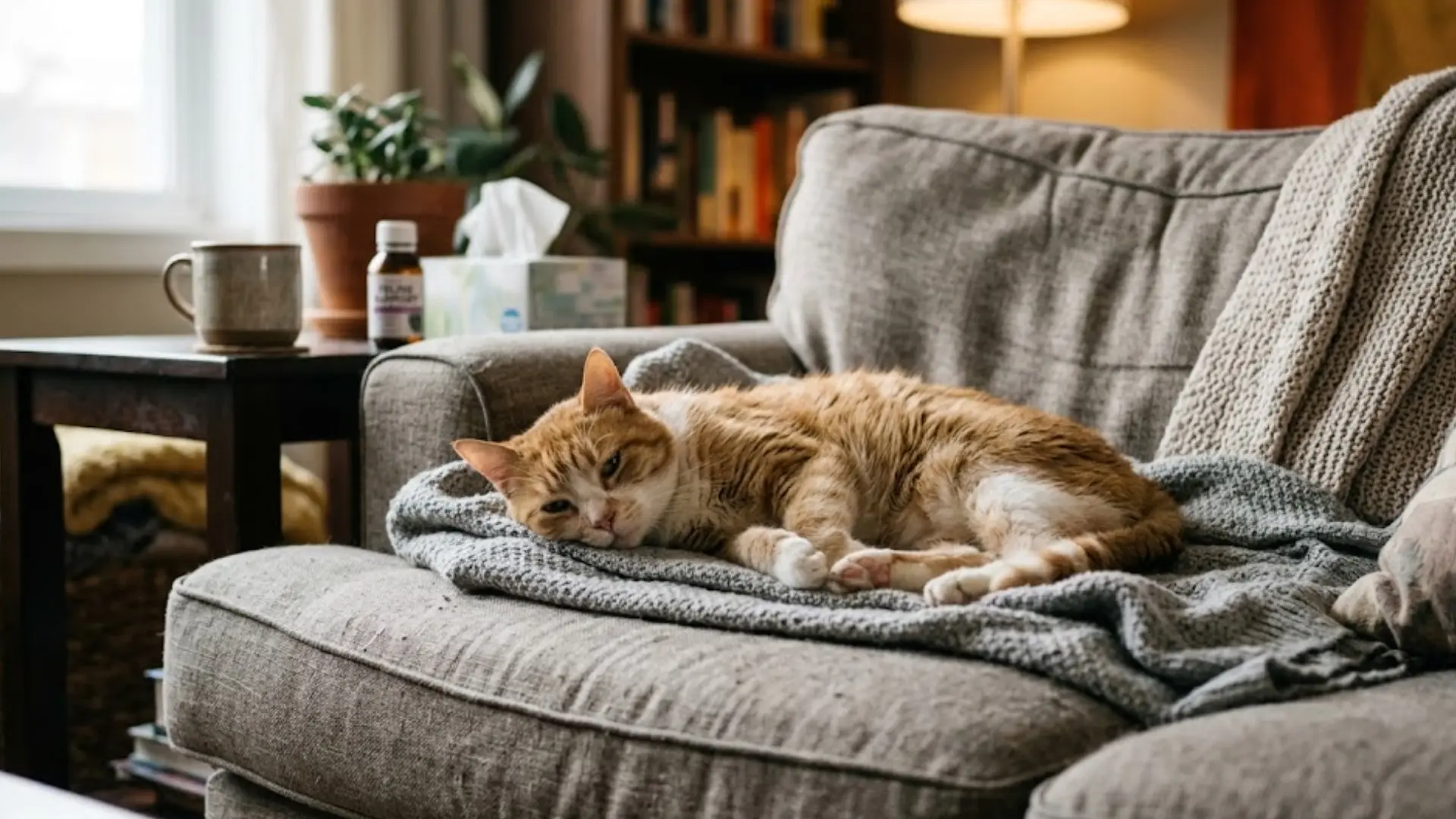 Sick cat resting on couch showing low energy possible early rabies symptoms in cats