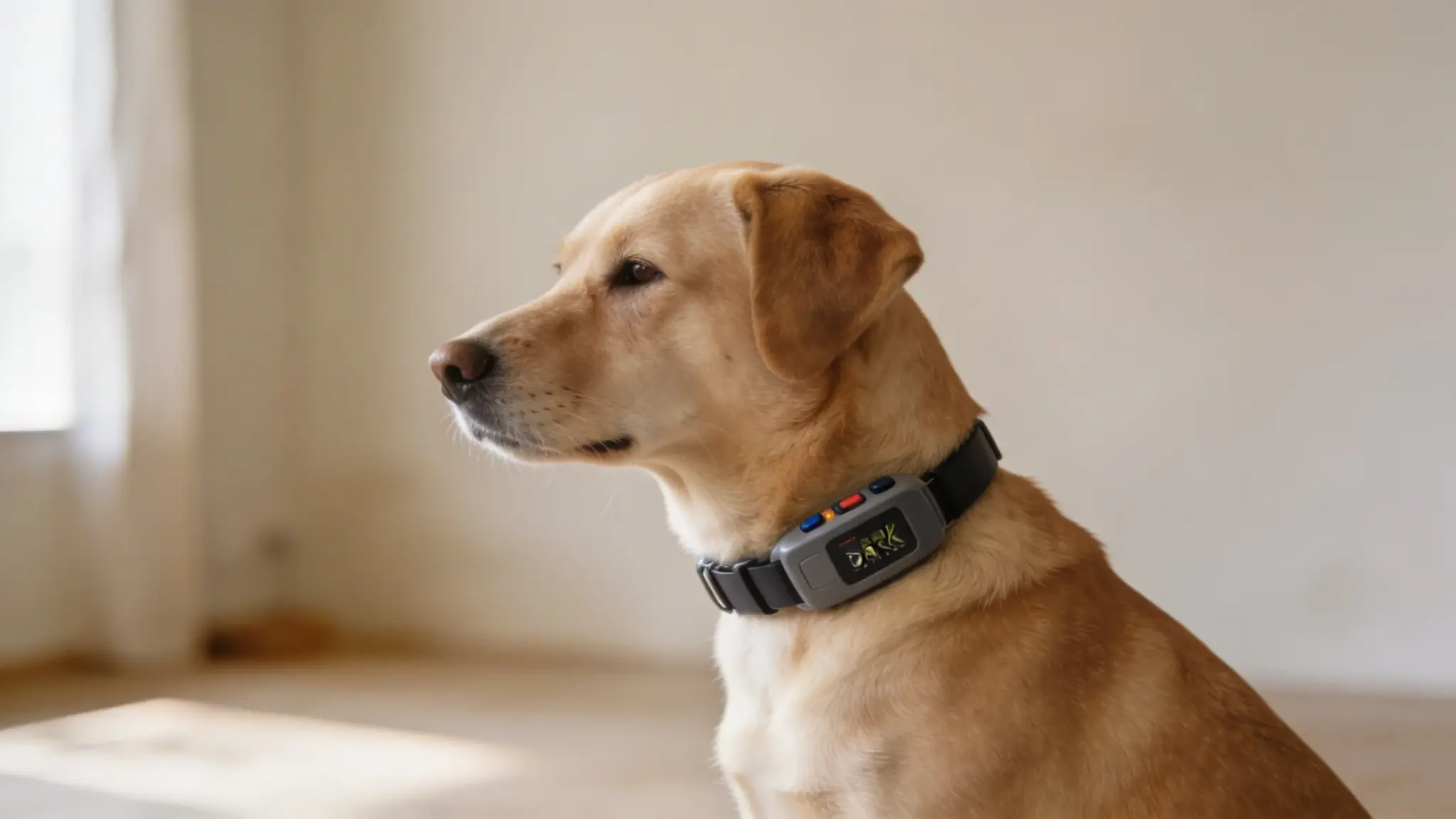 Side profile of a yellow Lab wearing a chunky grey smart collar with a digital display and small buttons.