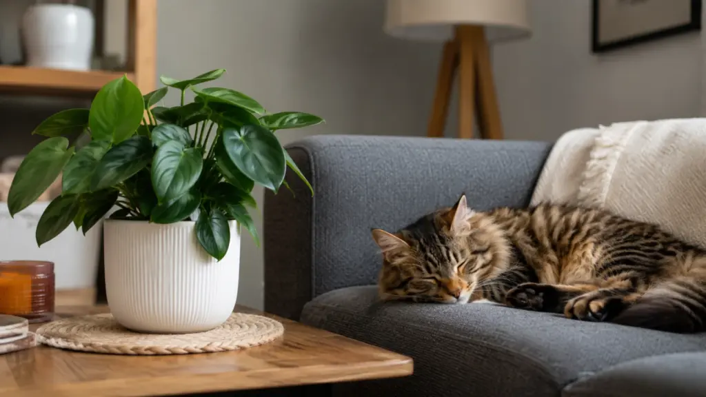 Sleepy cat resting on sofa beside a safe indoor houseplant in a cozy living room scene