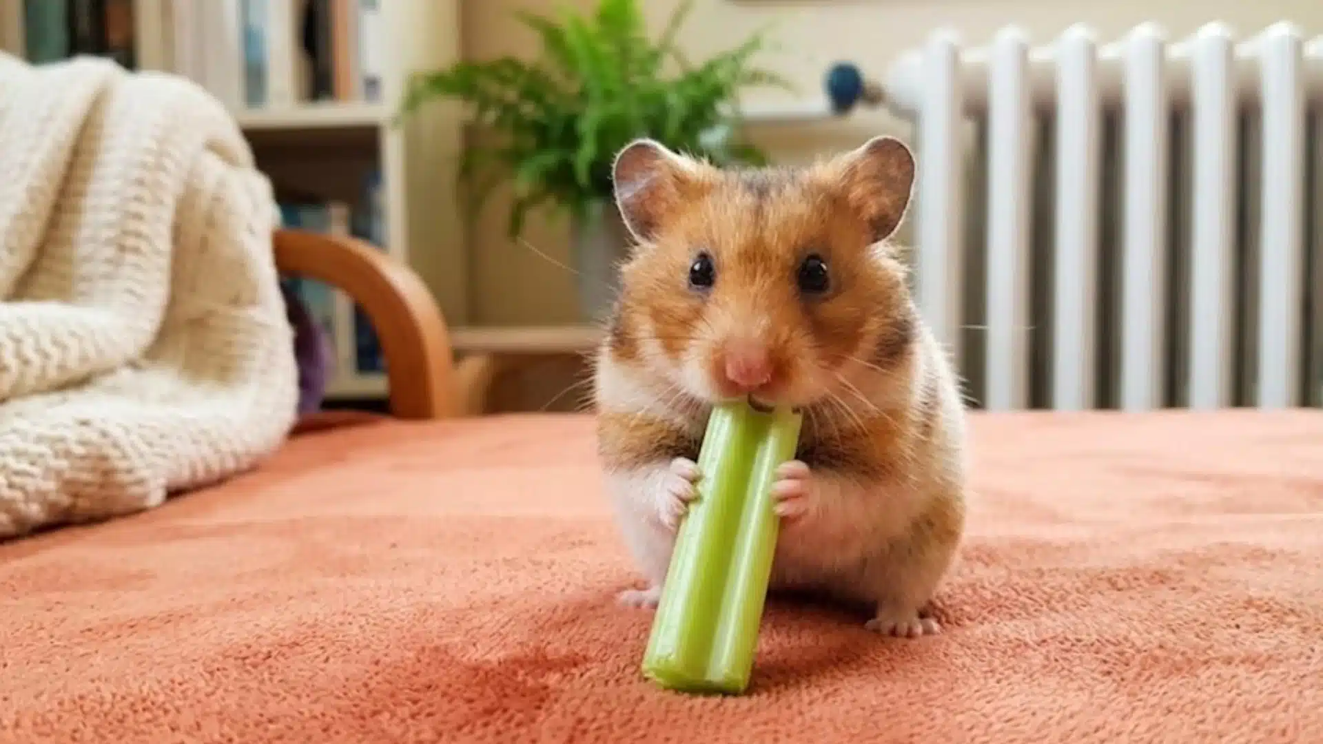 Small brown hamster holding and eating a celery stick on a soft blanket indoors with cozy home background