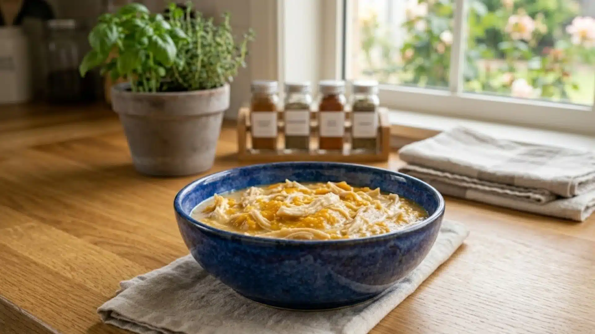 Soft homemade cat food with shredded chicken and pumpkin in a bowl on a wooden table near a bright window
