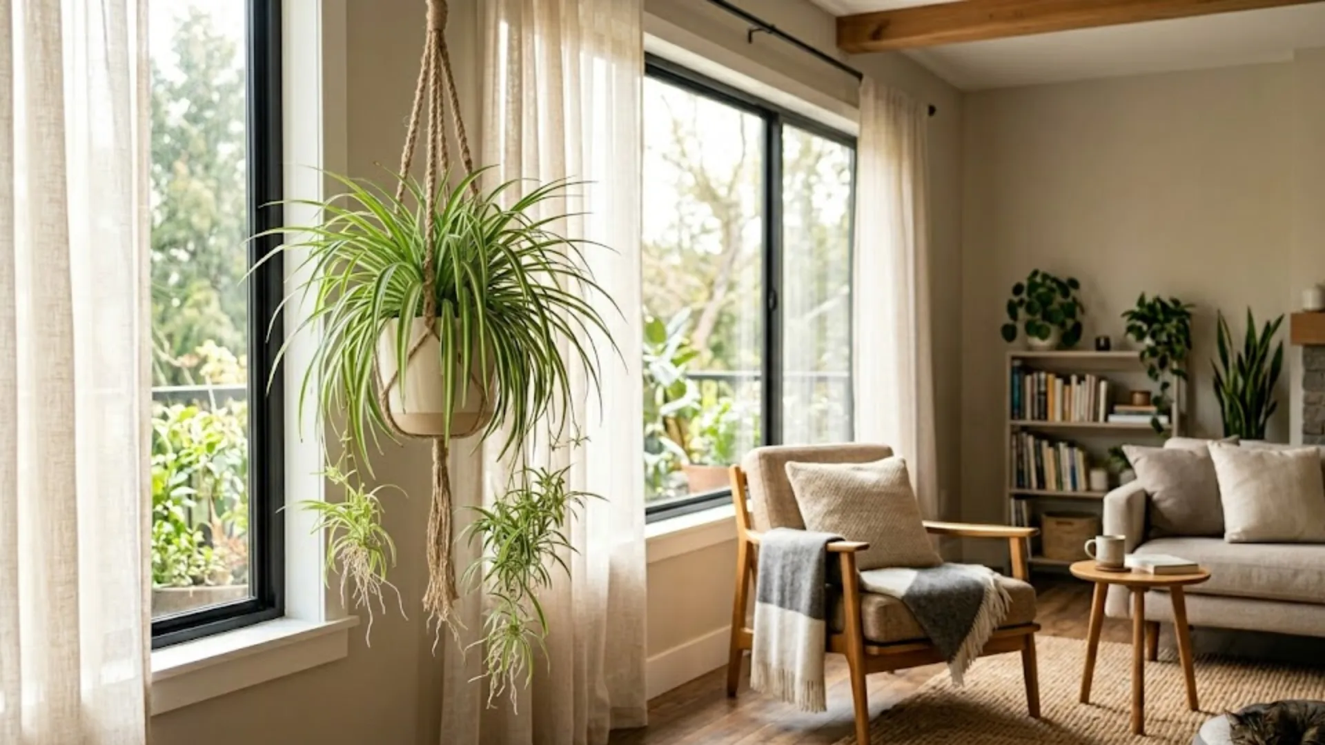 Spider plant hanging near a large window in a cozy modern living room with natural light