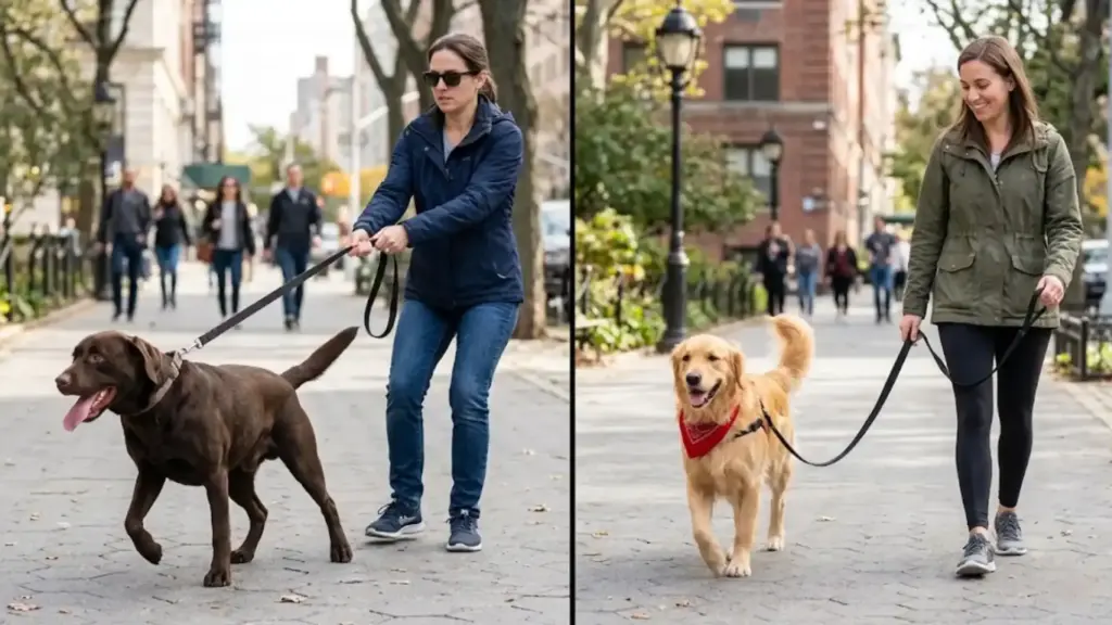 Split image showing dog walking contrast pulling leash on left, calm controlled walk on right with relaxed owner