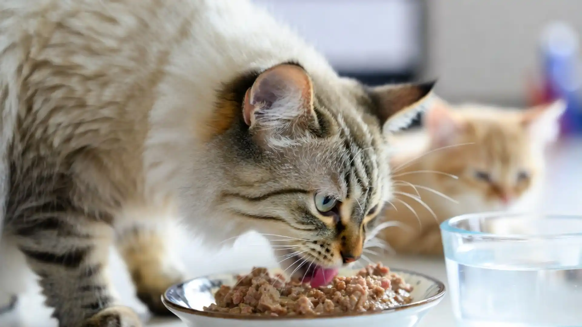 Tabby cat eating wet food from a bowl beside water, with another cat blurred in background