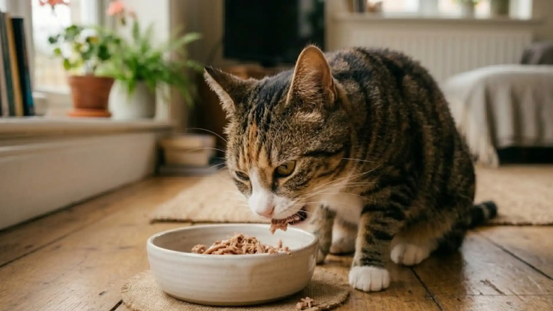 Tabby cat eating wet food from a bowl on a wooden floor in a cozy home setting