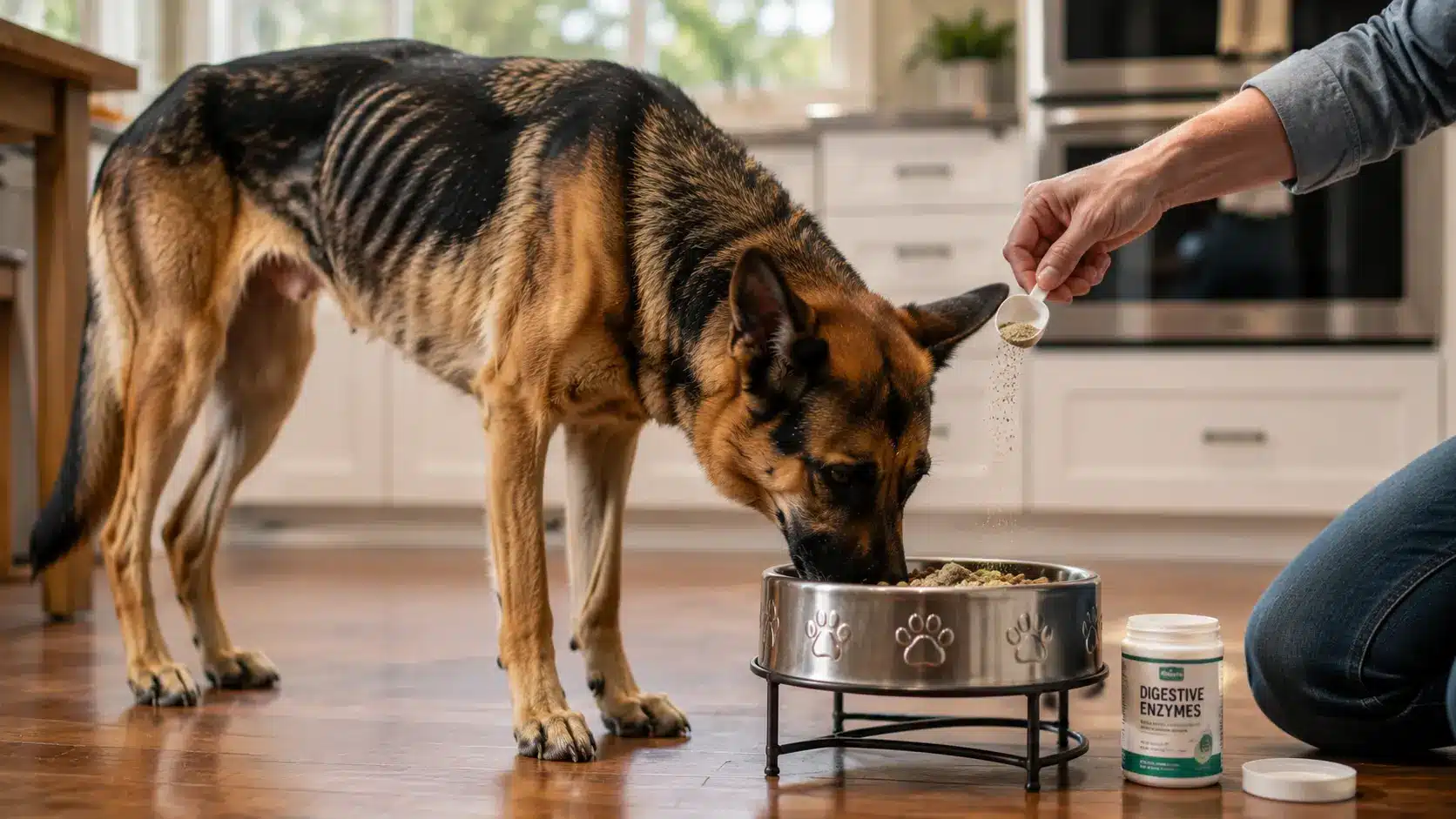 Underweight German Shepherd eating enzyme-supplemented food as treatment for exocrine pancreatic insufficiency