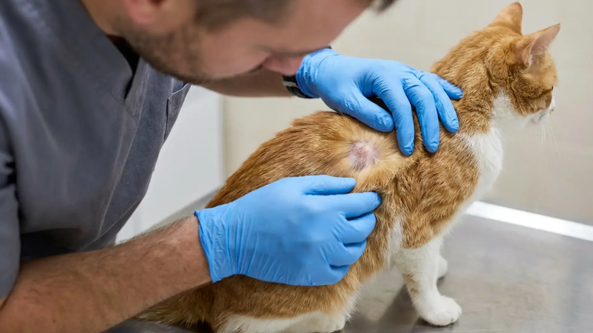 Vet examining cat’s bald spot on back with gloves, checking skin condition and possible causes of hair loss