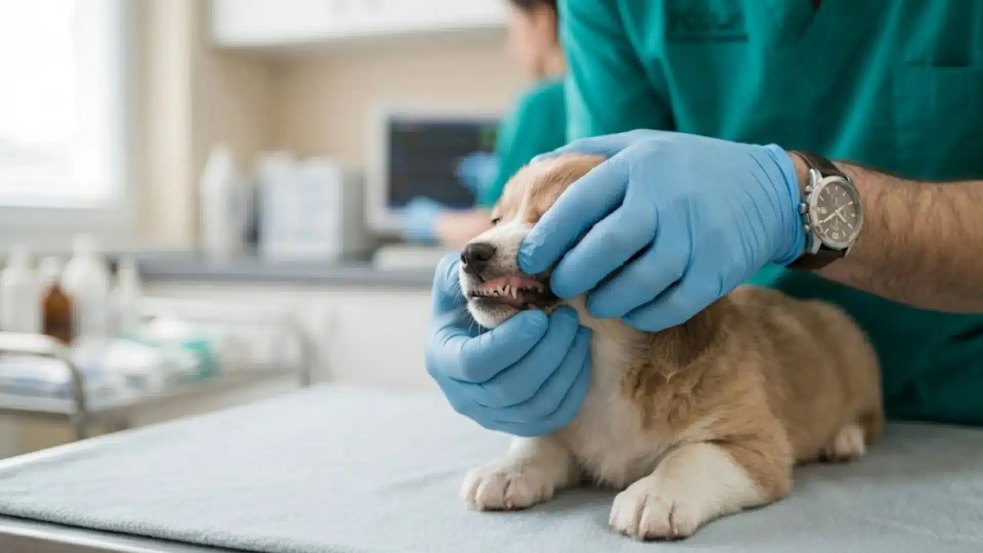 Veterinarian checking a puppy’s teeth during a dental exam inside a clean veterinary clinic setting