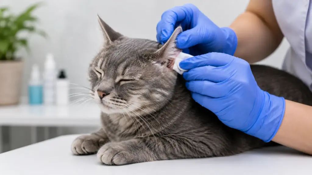Veterinarian cleaning a gray tabby cat’s ear during a calm clinic examination indoors