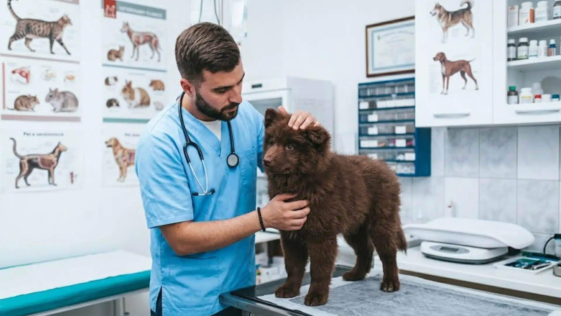 Veterinarian examining a brown puppy on a clinic table during a routine health check in a pet hospital
