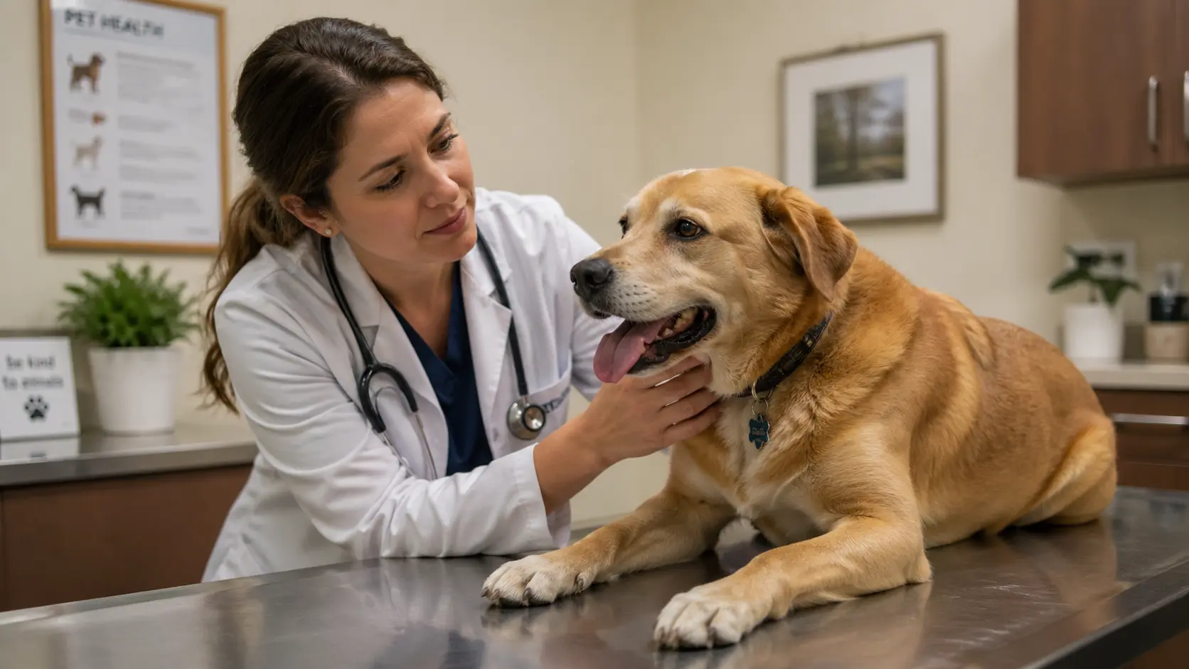 Veterinarian examining a dog for signs of alcohol poisoning during an emergency vet visit