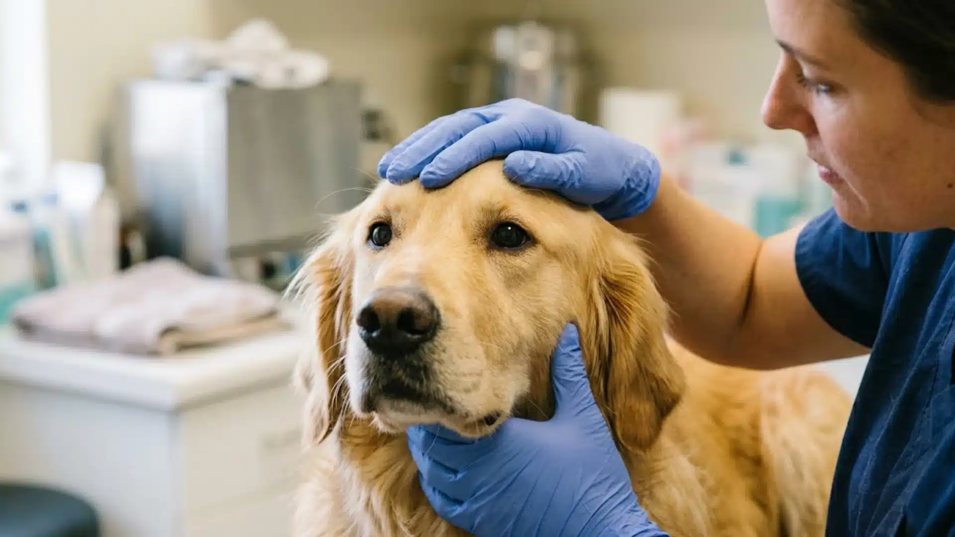 Veterinarian examining a golden retriever with gloves checking nose and face for health issues in clinic