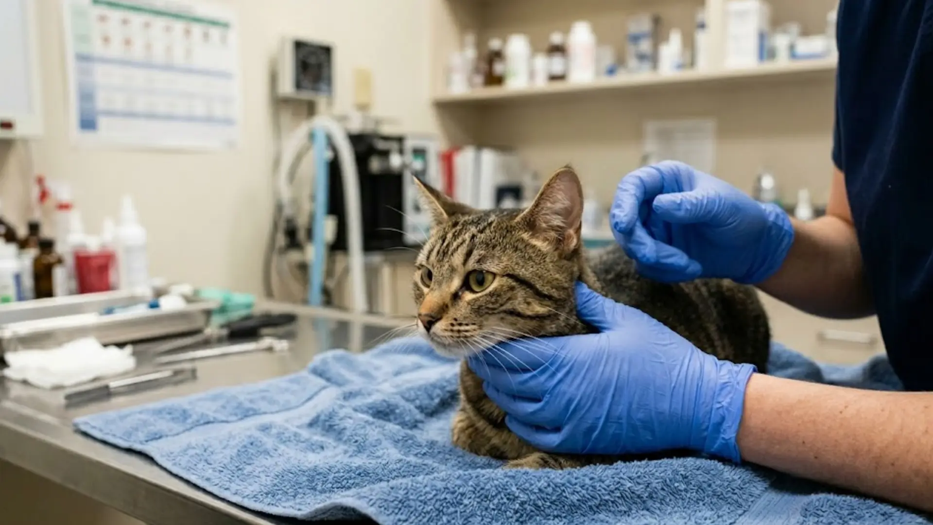Veterinarian examining cat for health issues and checking for rabies symptoms in cats