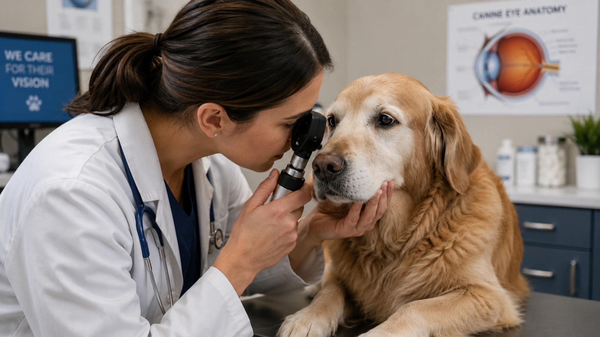 Veterinarian examining senior dog’s eye with ophthalmoscope inside professional veterinary clinic, creating calm, caring atmosphere during detailed ocular health check