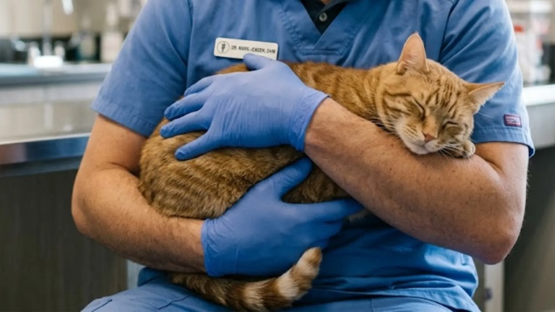 Veterinarian holding an orange cat during a calm checkup inside a modern veterinary clinic