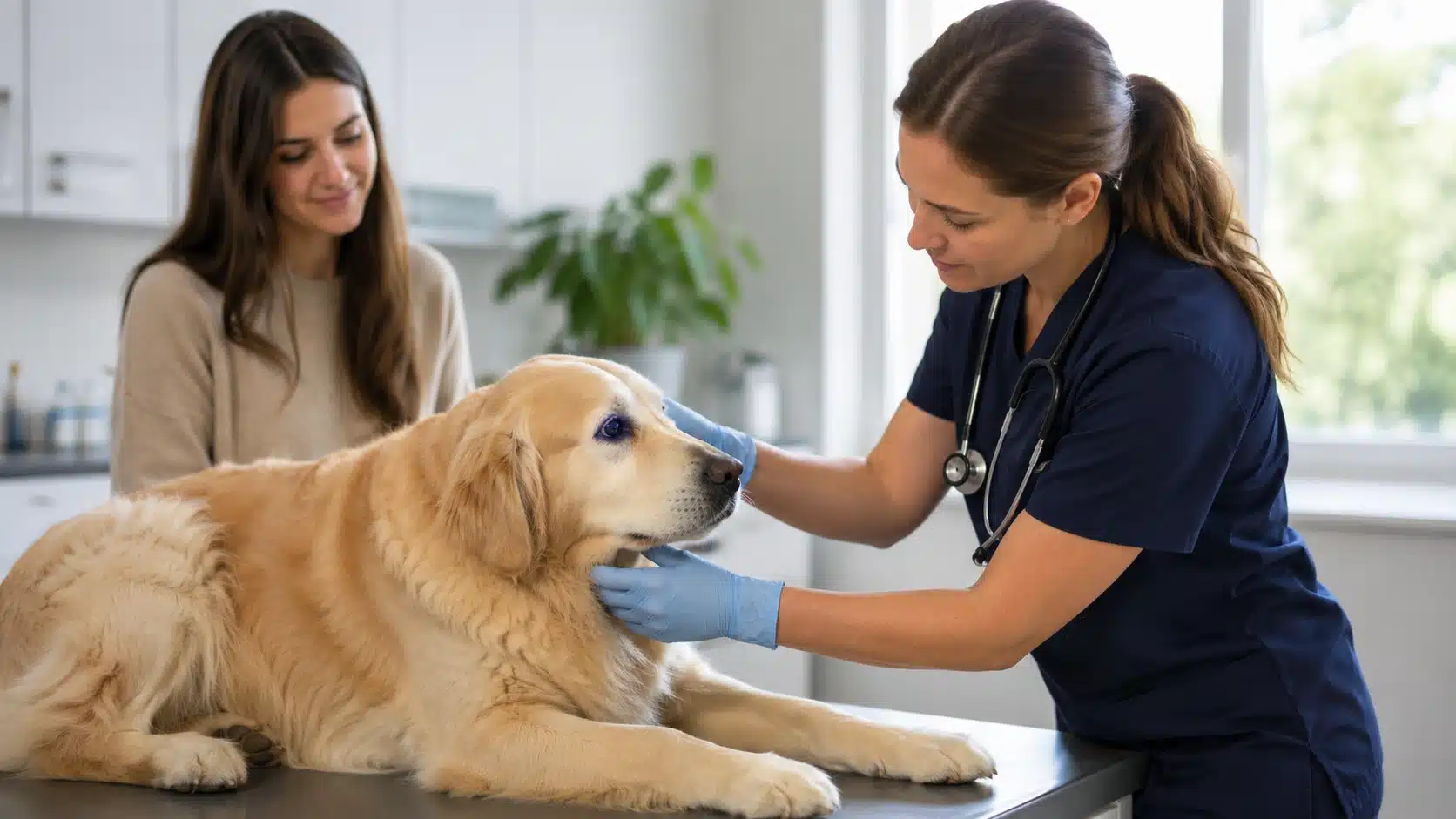 Veterinarian wearing gloves gently examines a dog in a clean clinic while the owner watches