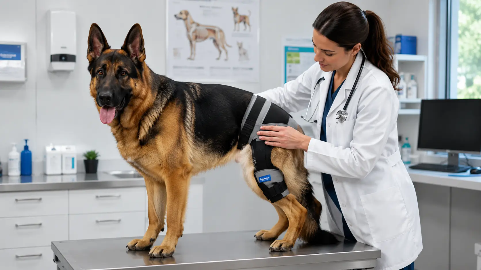 Vet examining German Shepherd hips for signs of dysplasia, a common German shepherd health issue