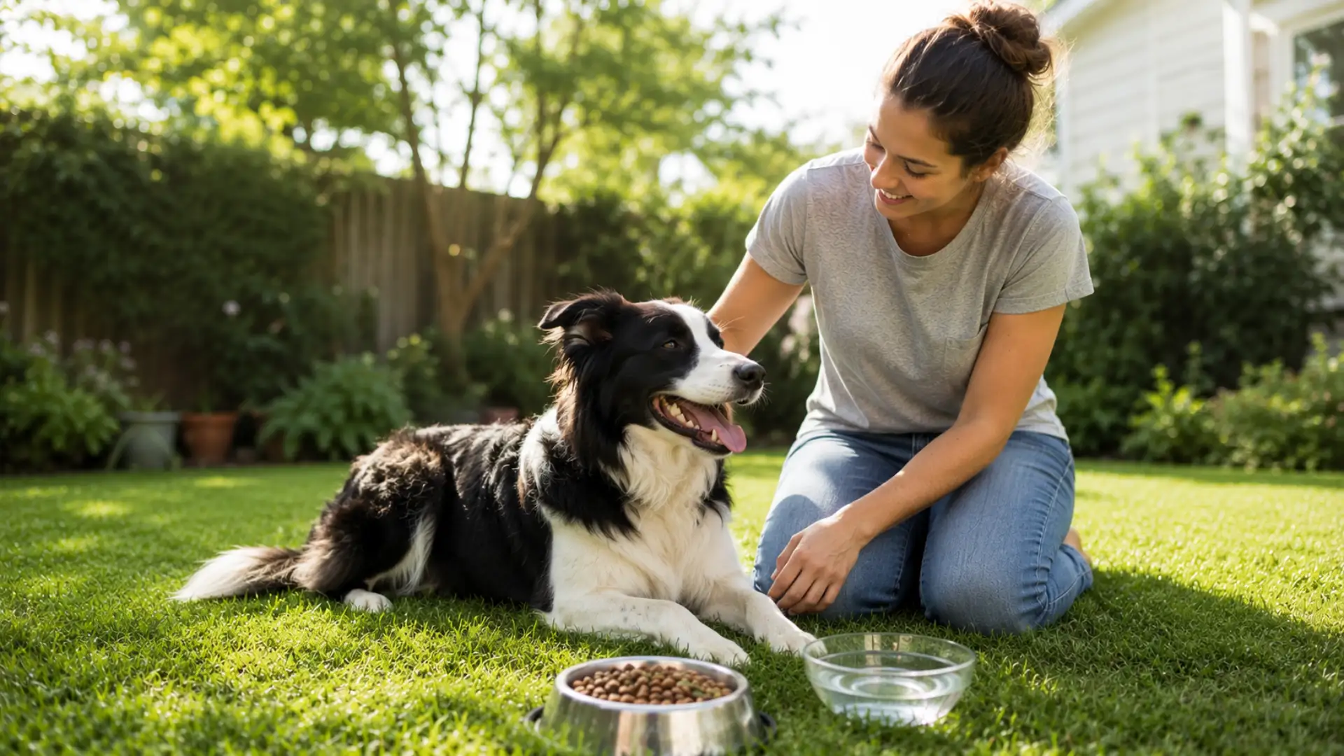 Woman caring for healthy border collie outdoors with dog food and water bowl in backyard garden
