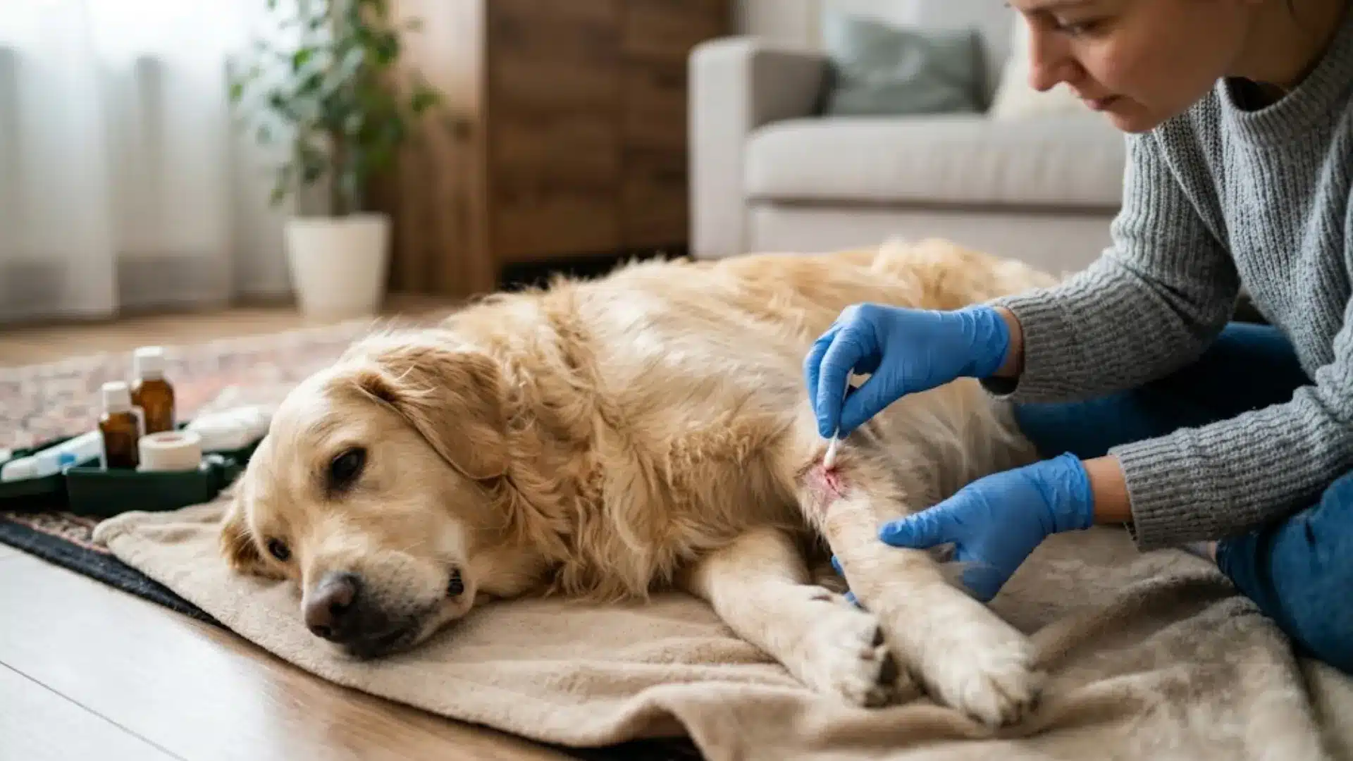 Woman cleaning a golden retriever’s leg wound at home using gloves and pet care supplies
