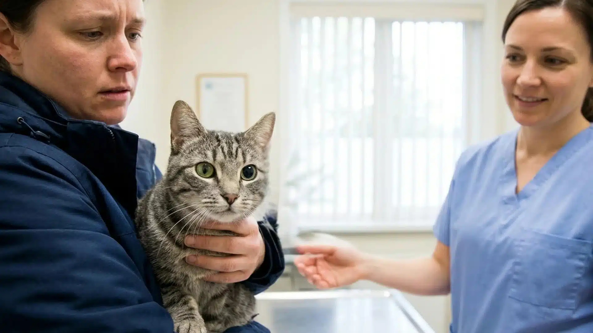 Worried cat owner holding a gray tabby with uneven pupils while a calm veterinarian speaks in a clinic exam room