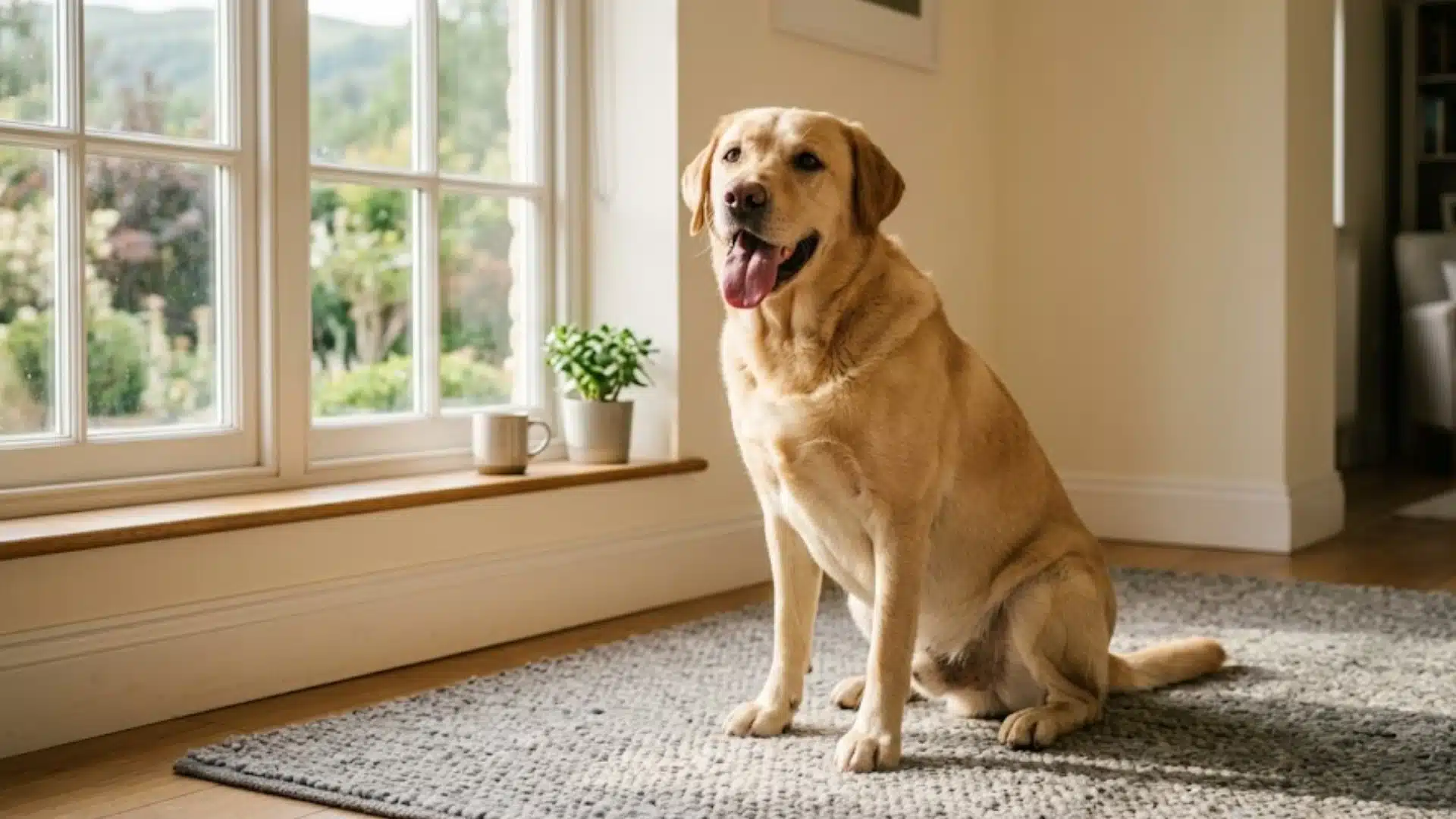 Yellow Labrador sitting on a rug by a sunlit window, panting with tongue out in a calm room.