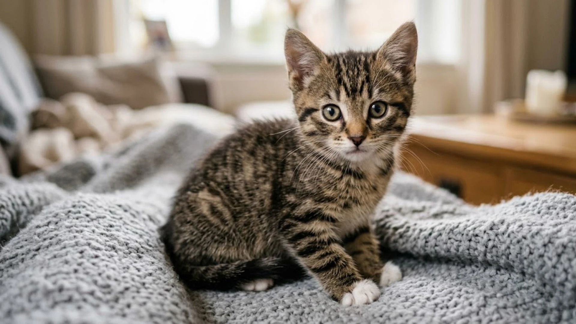 Young tabby kitten sitting on a gray blanket indoors with bright open eyes and soft window light
