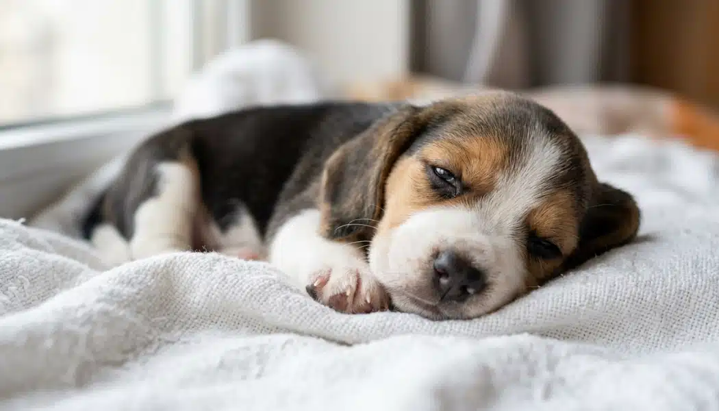 12-day-old beagle puppy with one eye just beginning to open, resting on a white blanket