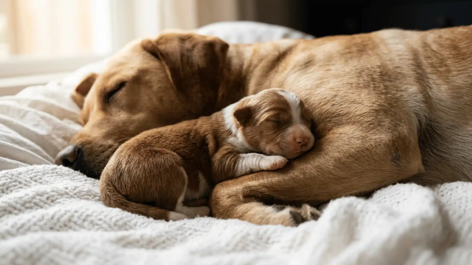 Newborn puppy with eyes closed resting against its mother on soft bedding