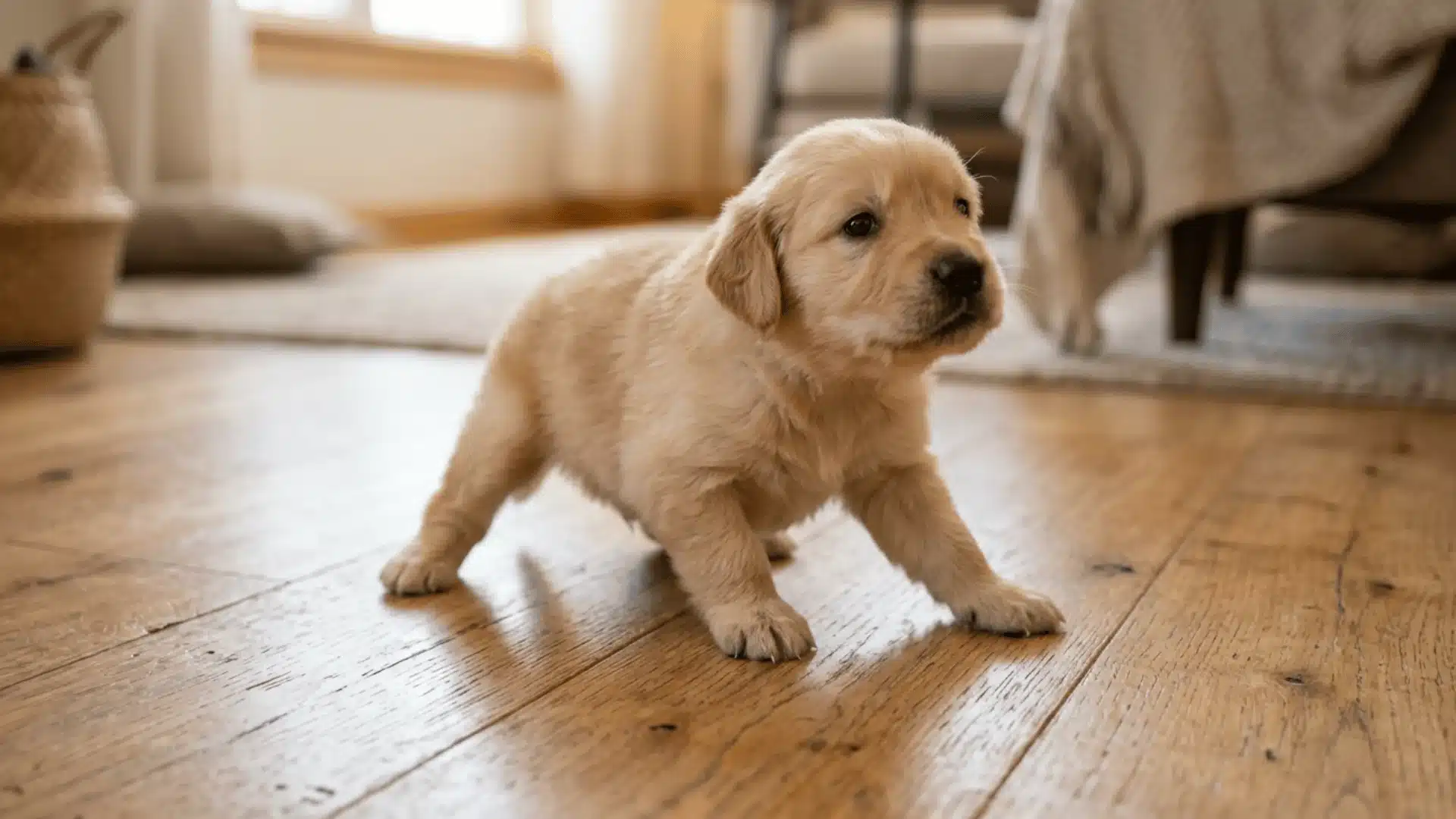Three-week-old puppy taking first wobbly steps on a wooden floor indoors