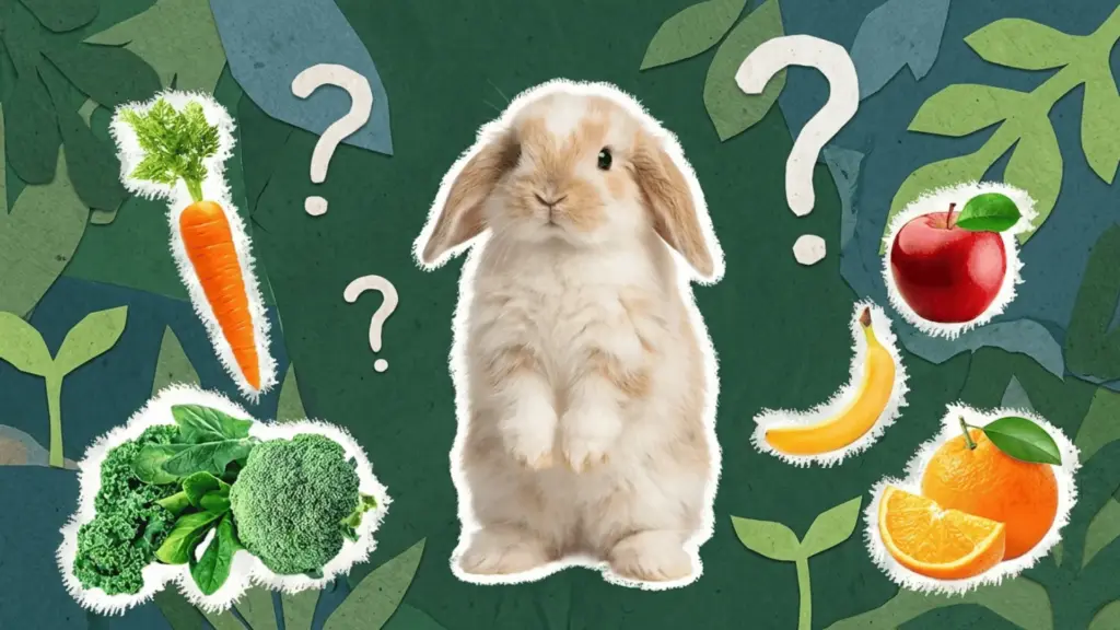 A baby rabbit stands among floating fruits, vegetables, and question marks on a green leafy background