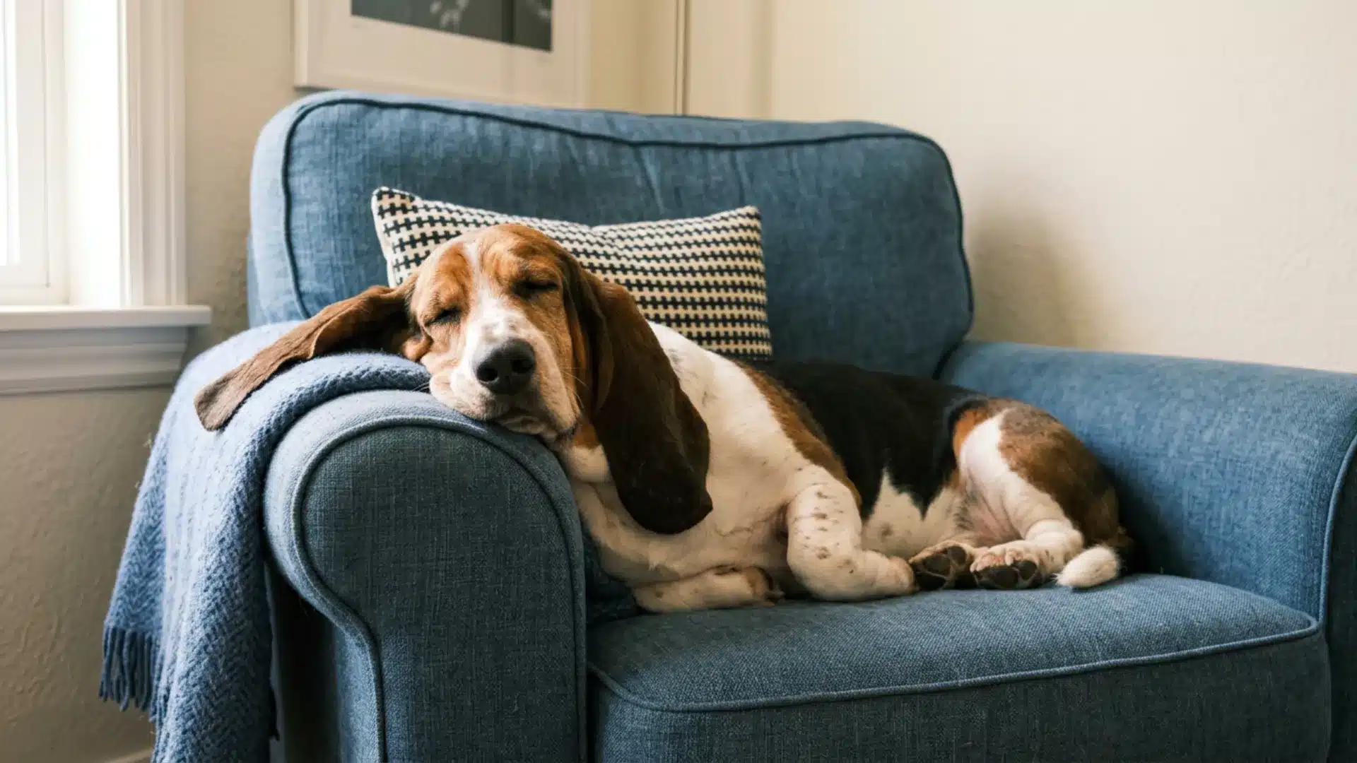 A basset hound sleeps curled up on a blue armchair, resting its head on the chair arm beside a patterned pillow.