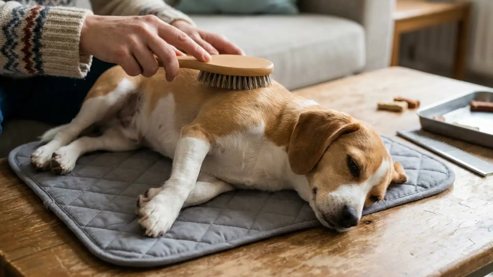 A beagle lies on a mat on a wooden table while a person gently brushes its coat, with grooming tools nearby