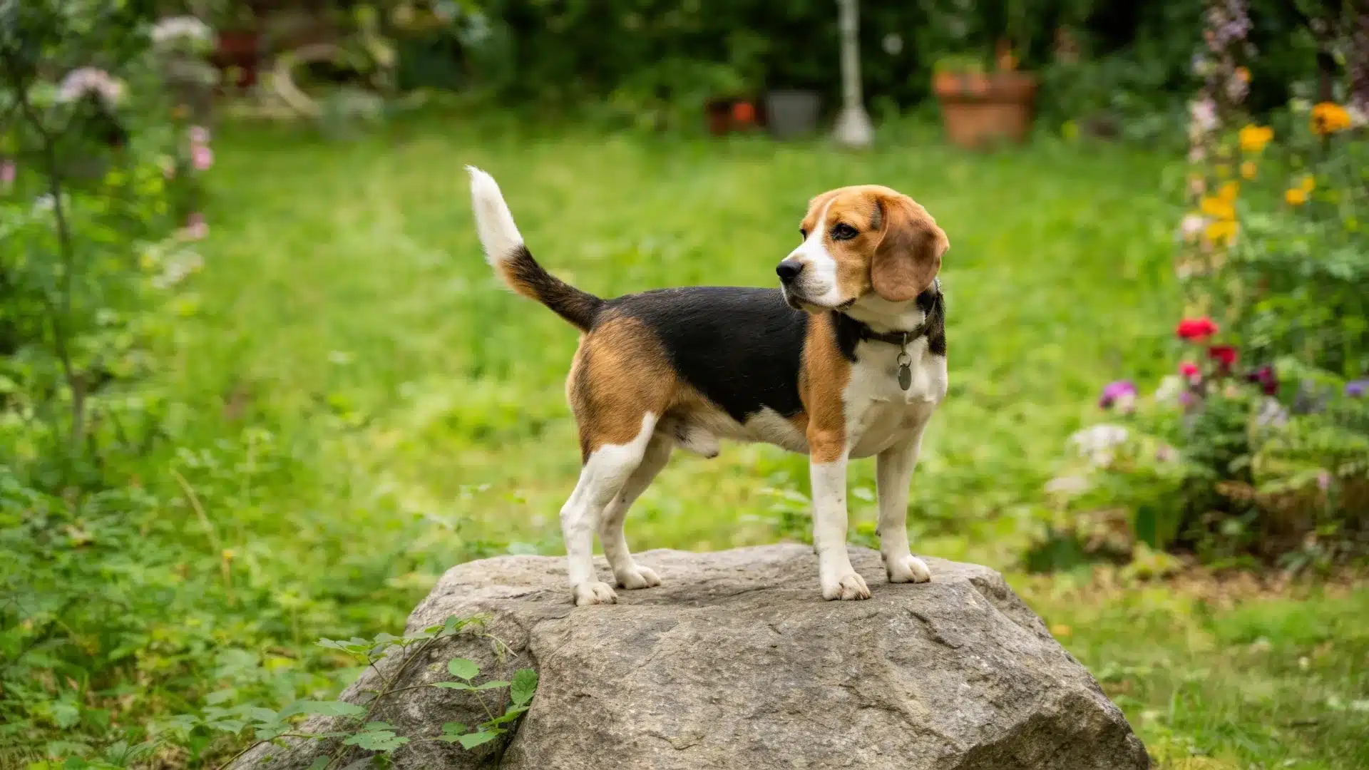 A beagle stands on a large rock in a green garden, looking off to the side with its tail raised.