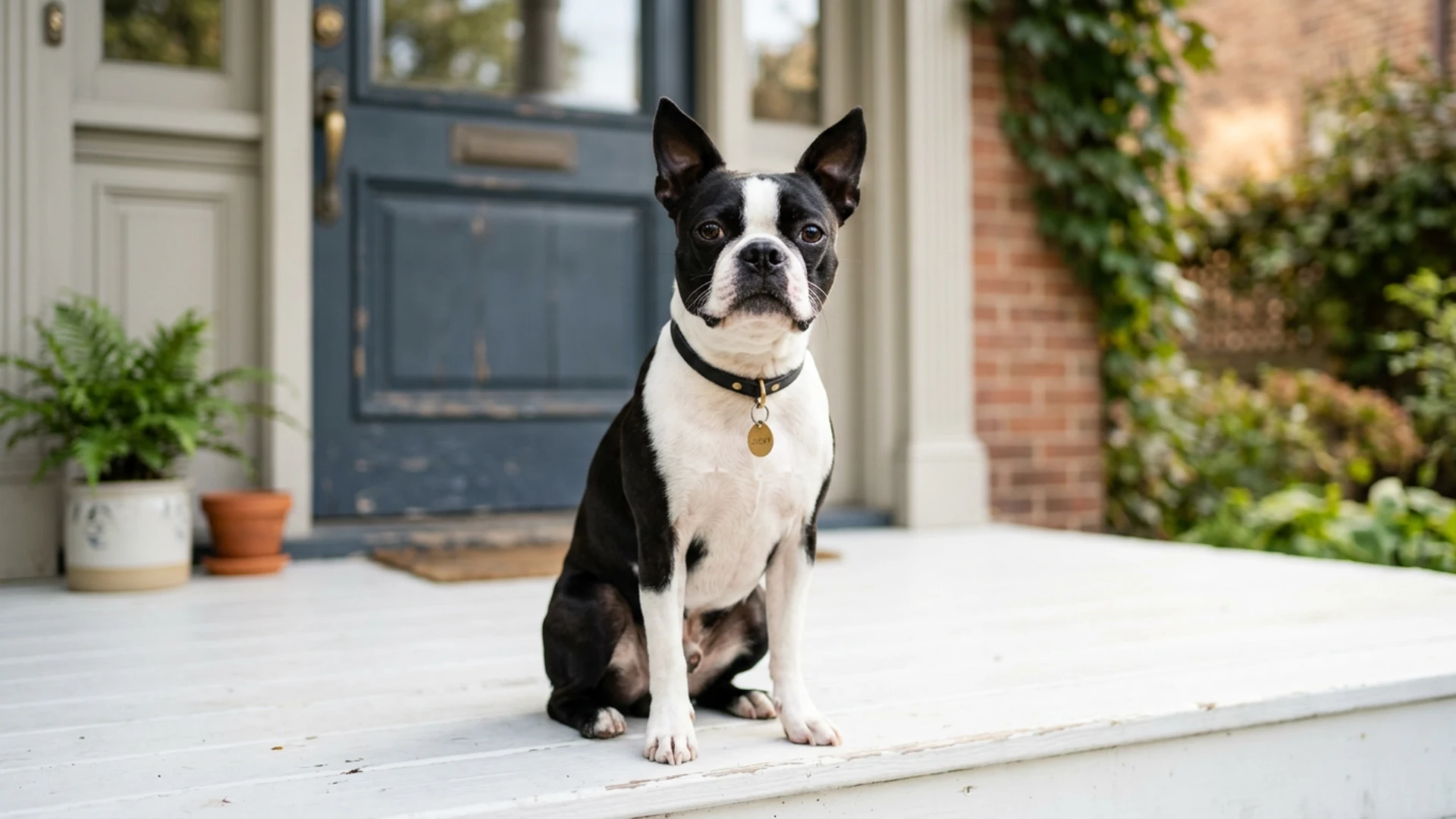 A black and white Boston terrier sits on a front porch in front of a blue door, wearing a collar with a tag.