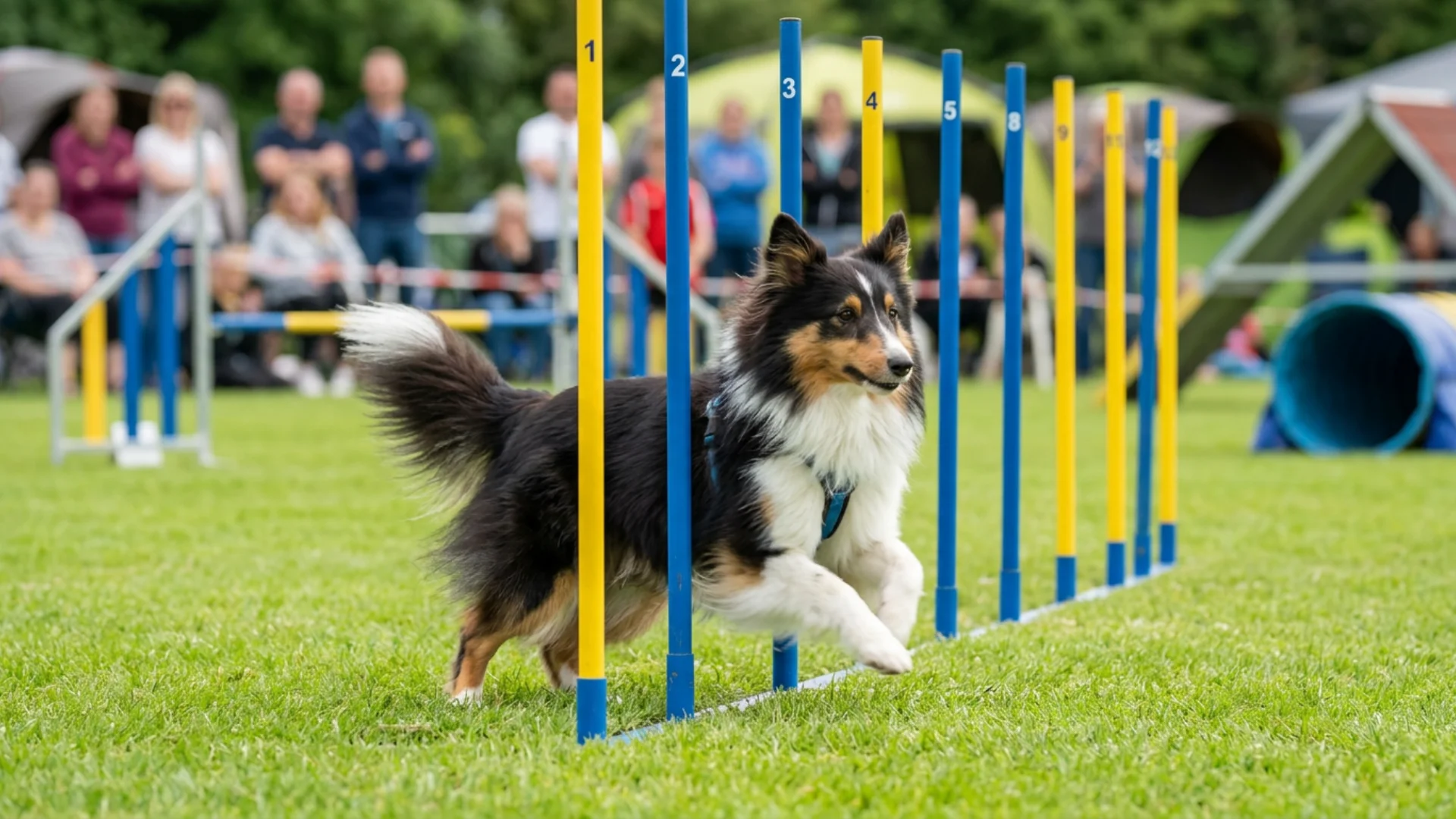 A black, white, and tan dog weaves through blue and yellow poles during an outdoor agility course, with spectators watching in the background.