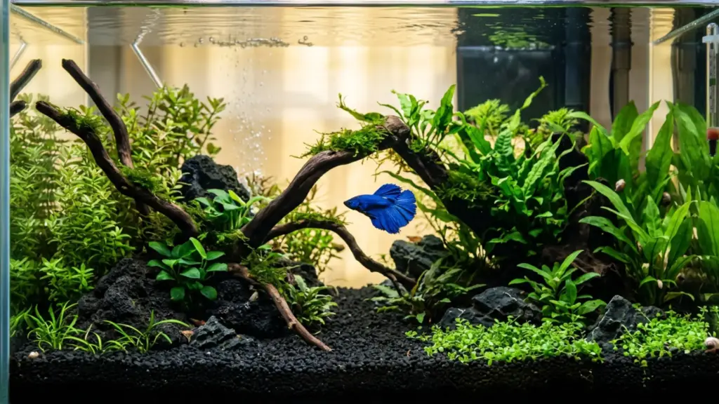 A bright blue betta fish swims in a lushly planted aquarium with driftwood and black substrate in