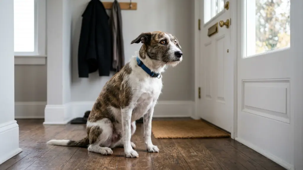 A brindle and white mixed-breed dog sits patiently on a wooden floor, looking toward a front door