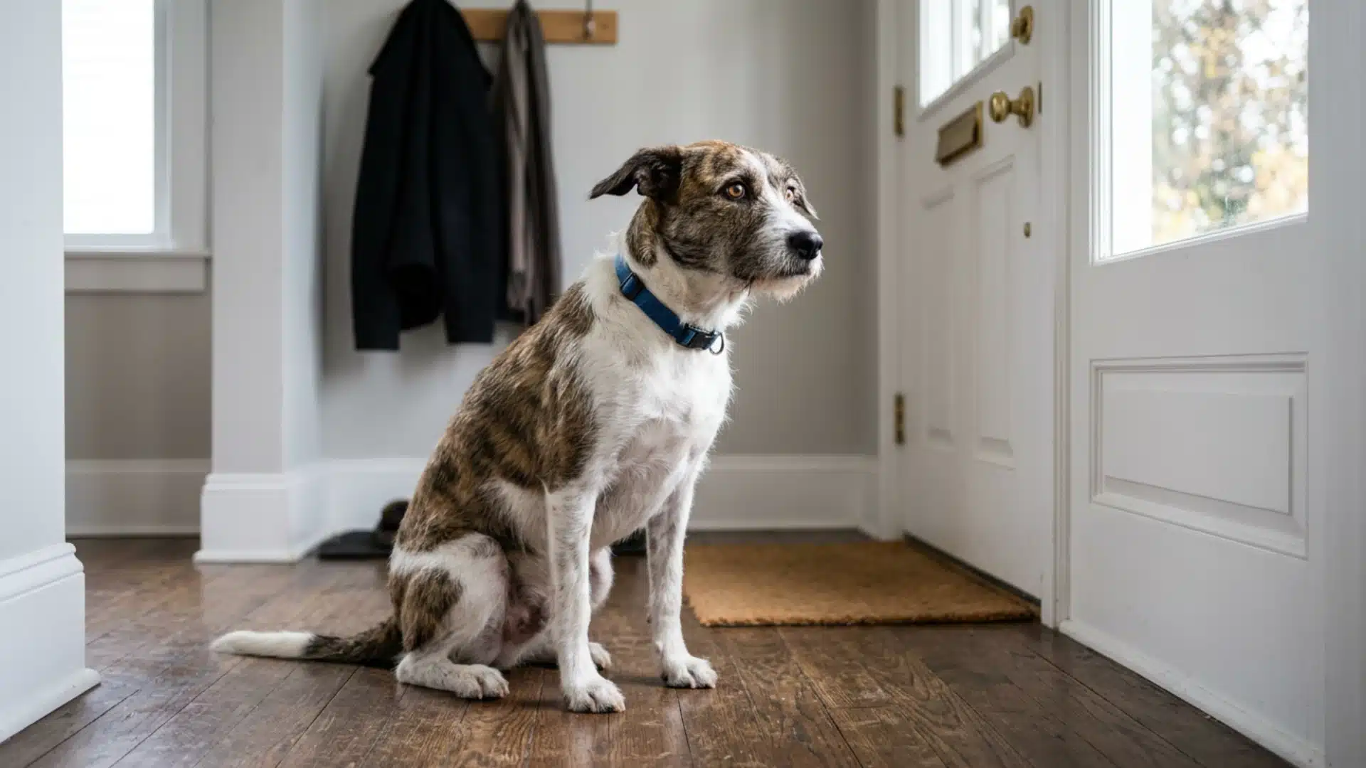 A brindle and white mixed-breed dog sits patiently on a wooden floor, looking toward a front door