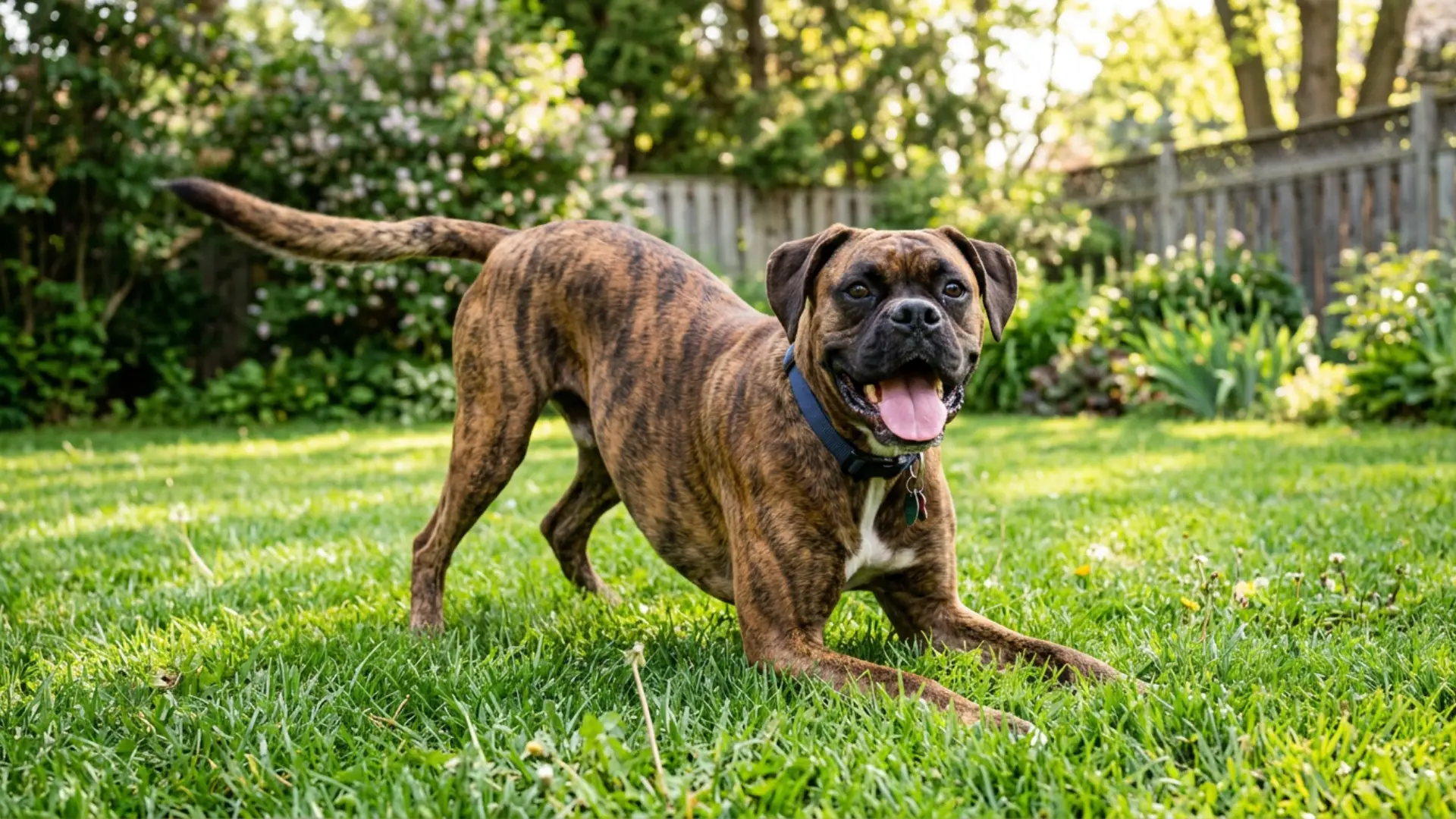 A brindle dog playfully stretches in the grass of a sunny backyard, panting with its tongue out.