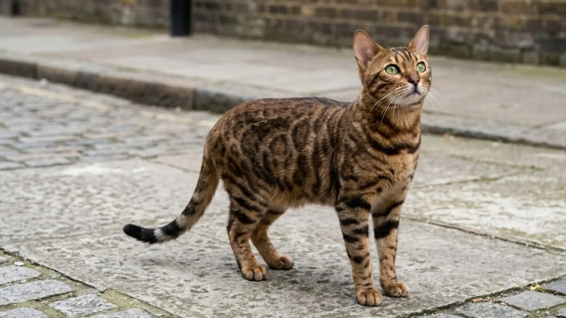 A brown spotted and striped Bengal cat with green eyes stands on a stone-paved street looking up