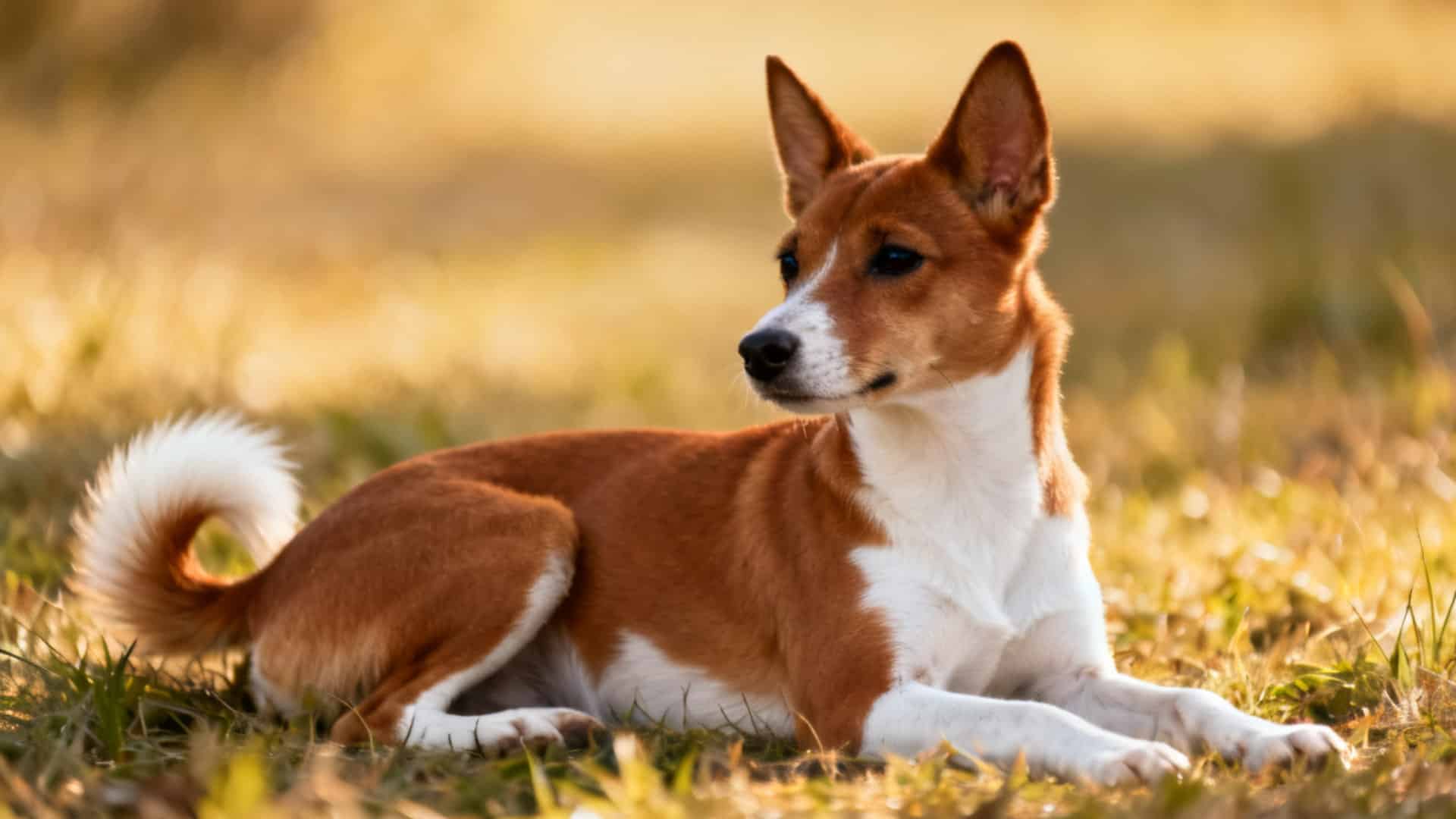 A chestnut red and white Basenji lying on a grassy field, looking off to the side during golden hour
