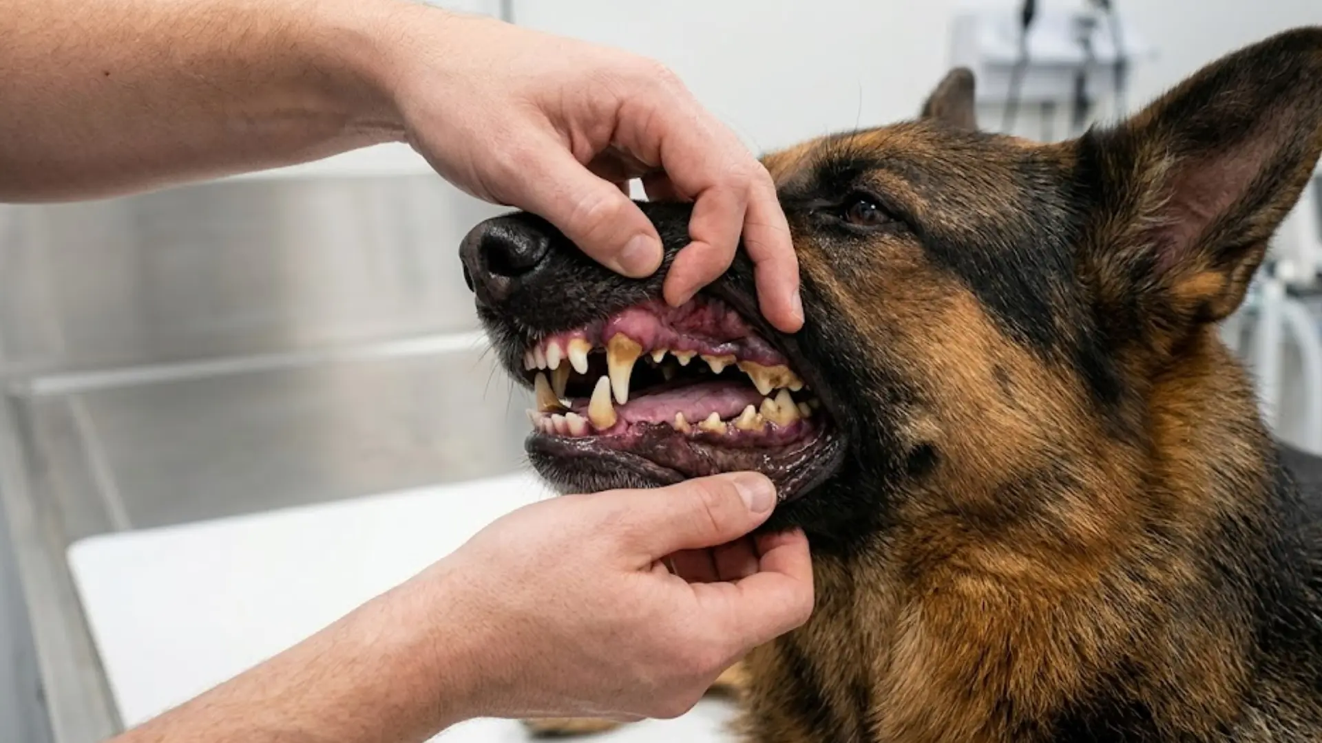 A close-up photograph of a German Shepherd with gingivitis being examined by a veterinarian