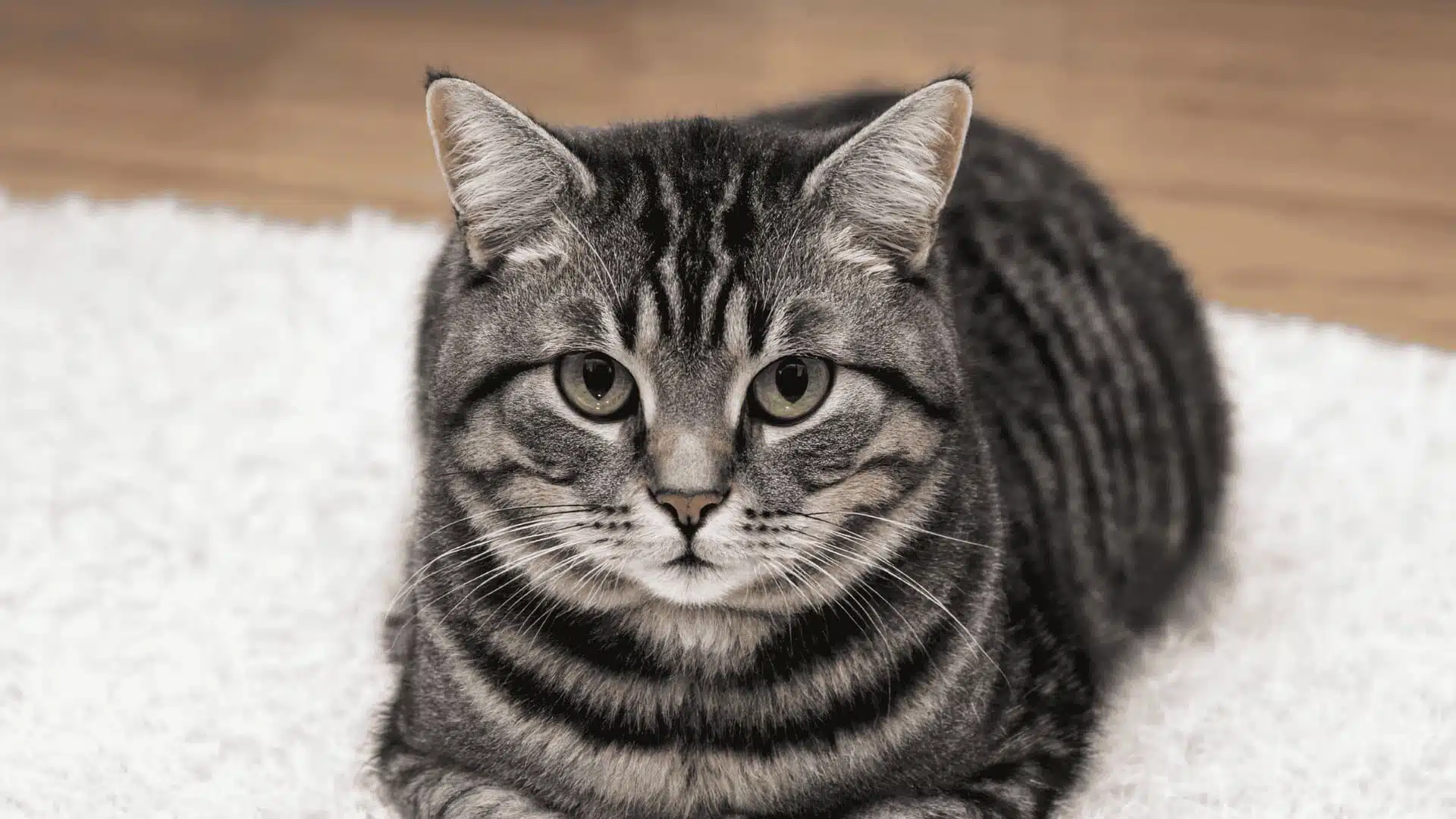 A close-up shot of a tabby cat looking forward while lying down on a white rug