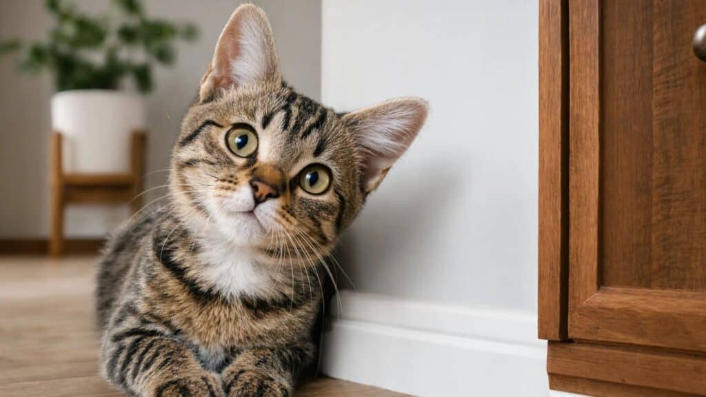 A curious tabby kitten tilts its head while lying on a wooden floor next to a white wall