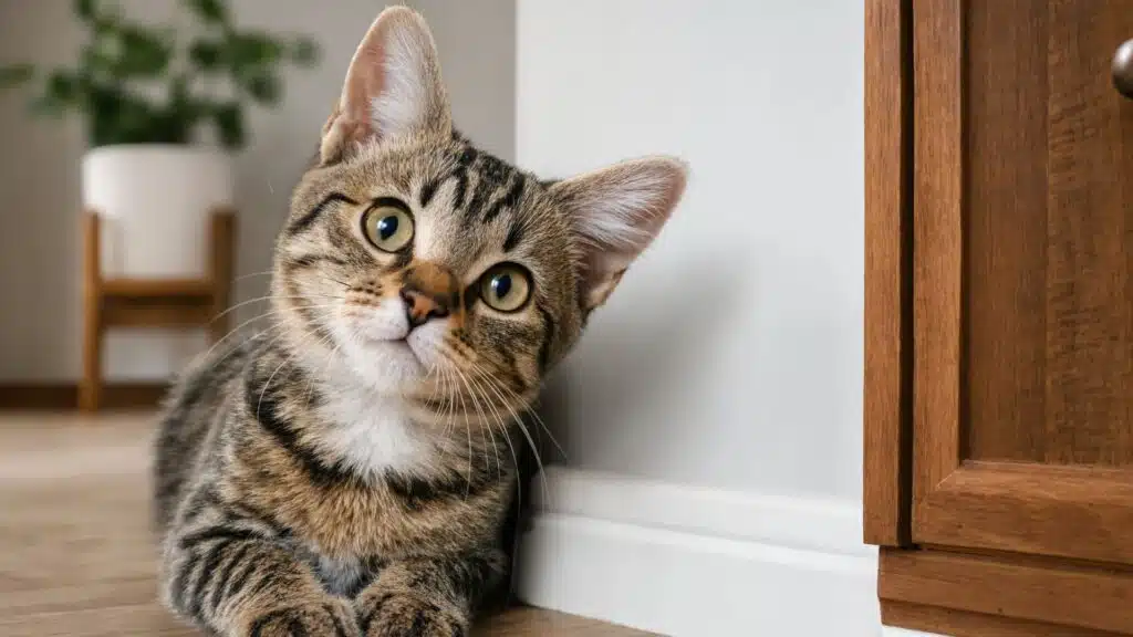 A curious tabby kitten tilts its head while lying on a wooden floor next to a white wall