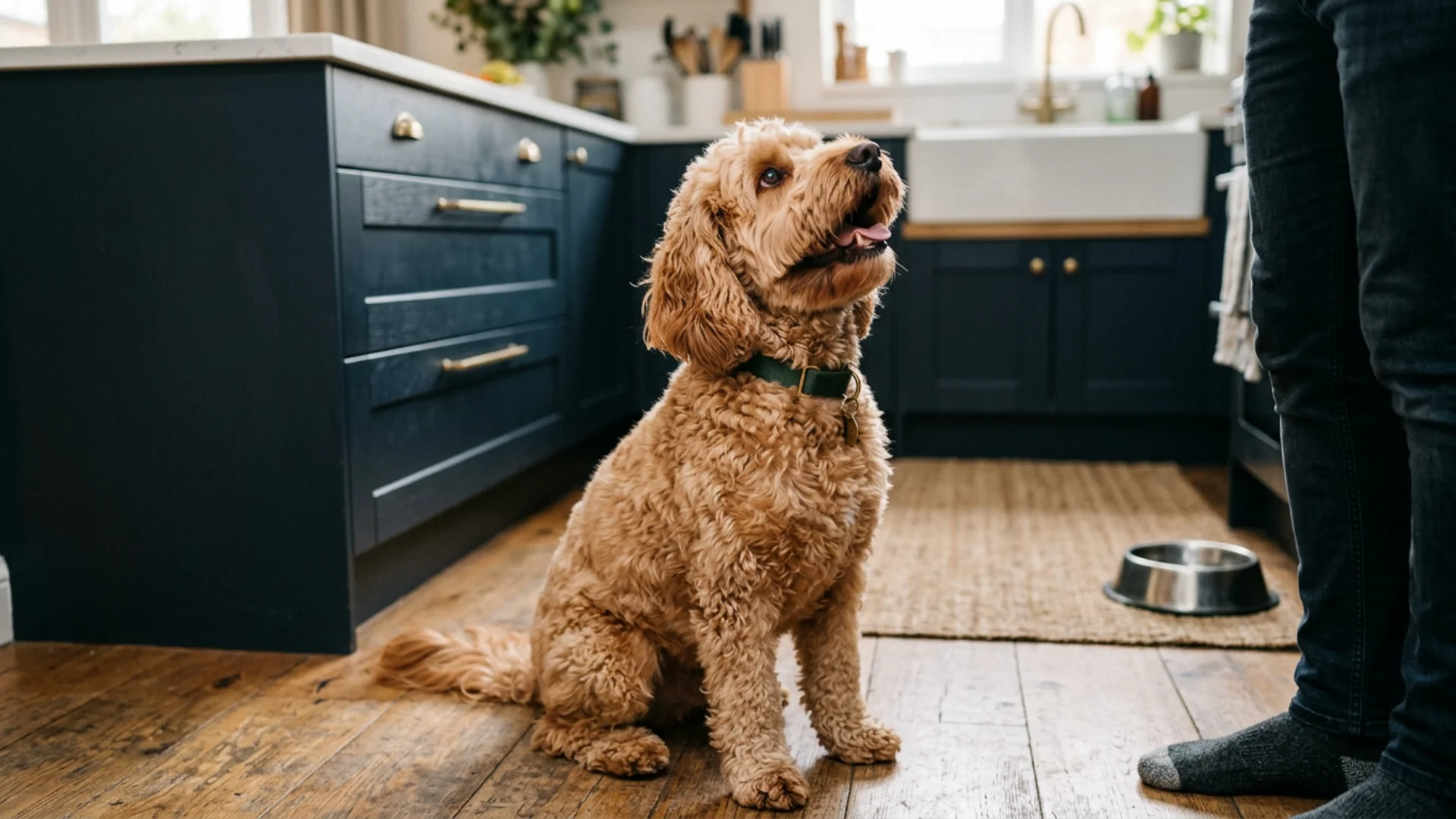 A curly-haired brown dog sits on a kitchen floor, looking up attentively at a person standing nearby.